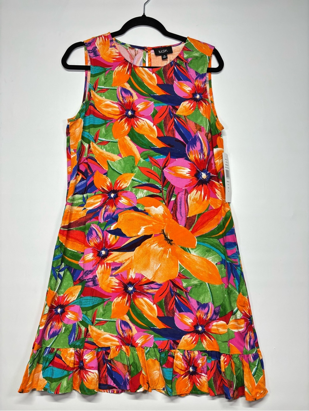✨MSK Women’s Sleeveless Tropical Ruffle Hem Shift Dress Size M - Picture 4 of 14